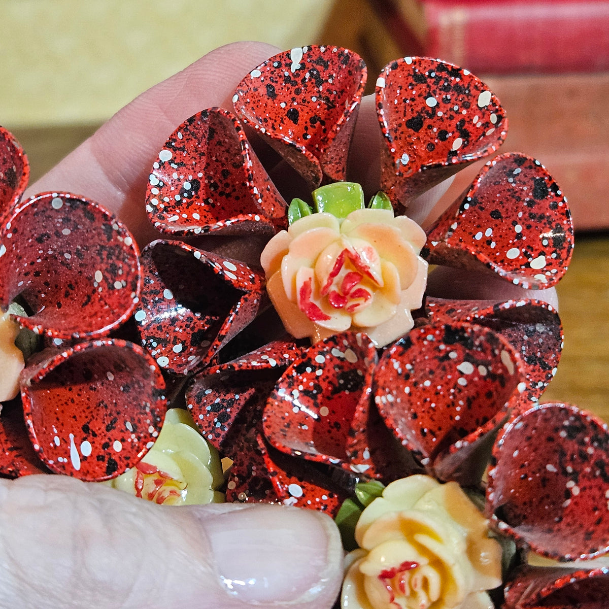 Set of 4 Vintage Red Speckled Rose Candle Pins