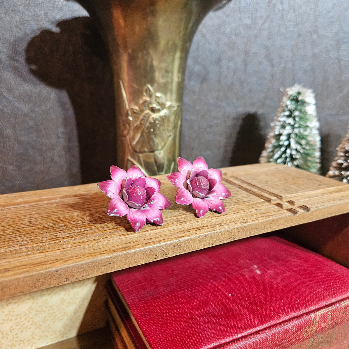 Pair of Vintage Pink Enamel Flower Candle Pins