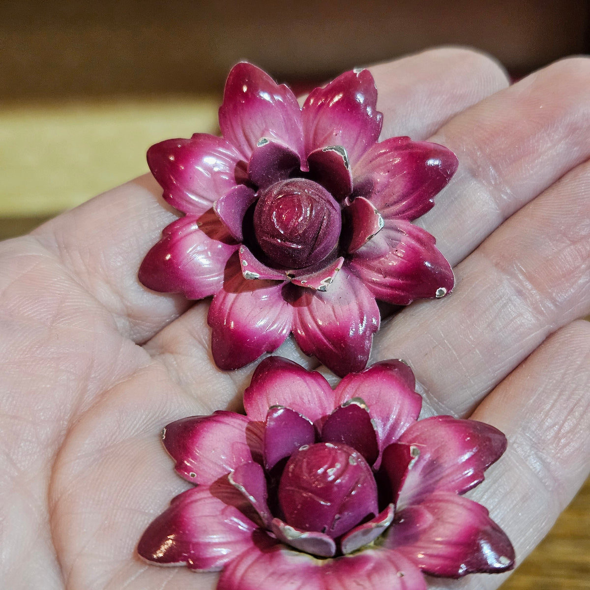Pair of Vintage Pink Enamel Flower Candle Pins