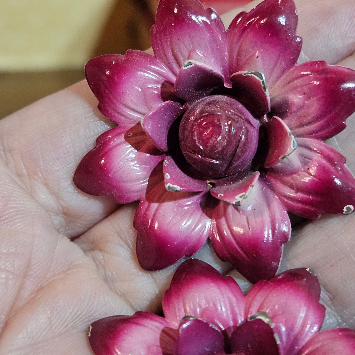 Pair of Vintage Pink Enamel Flower Candle Pins
