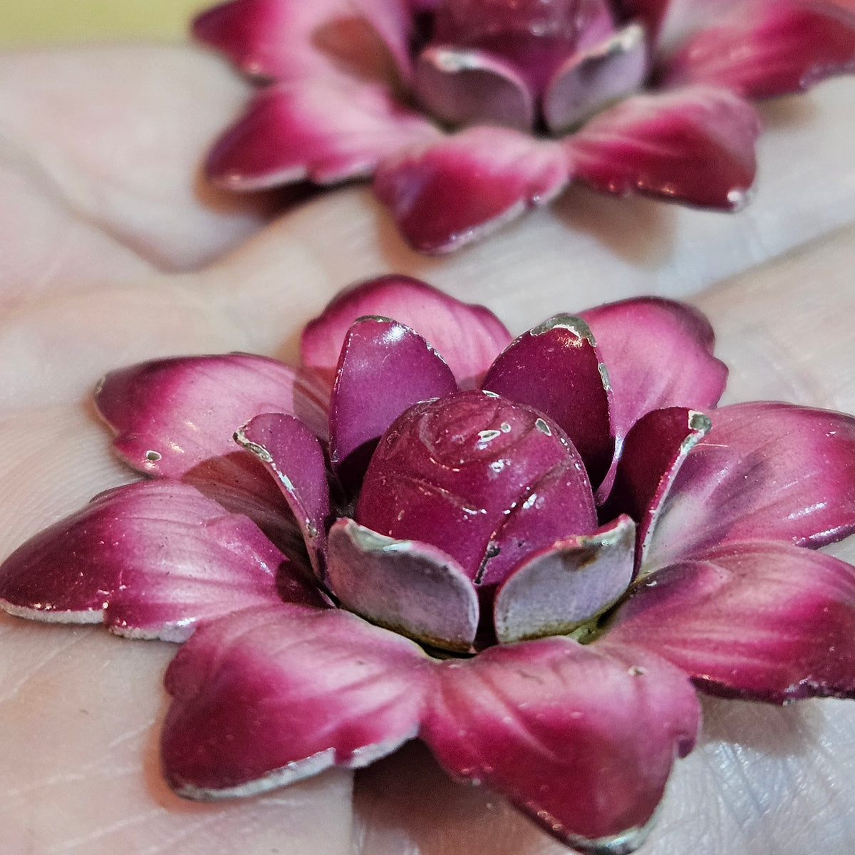 Pair of Vintage Pink Enamel Flower Candle Pins