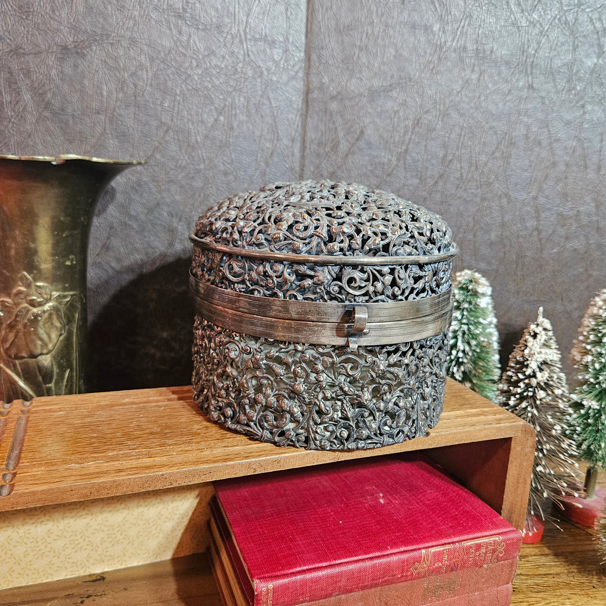 Vintage Ornate Silver-Tone Filigree Trinket Box