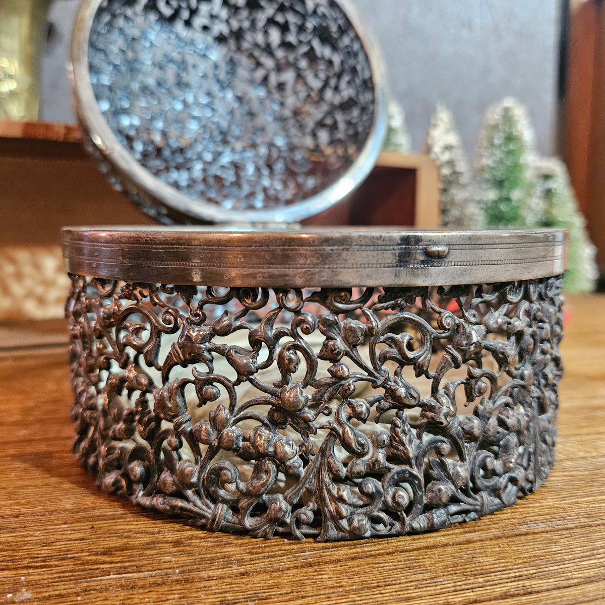 Vintage Ornate Silver-Tone Filigree Trinket Box