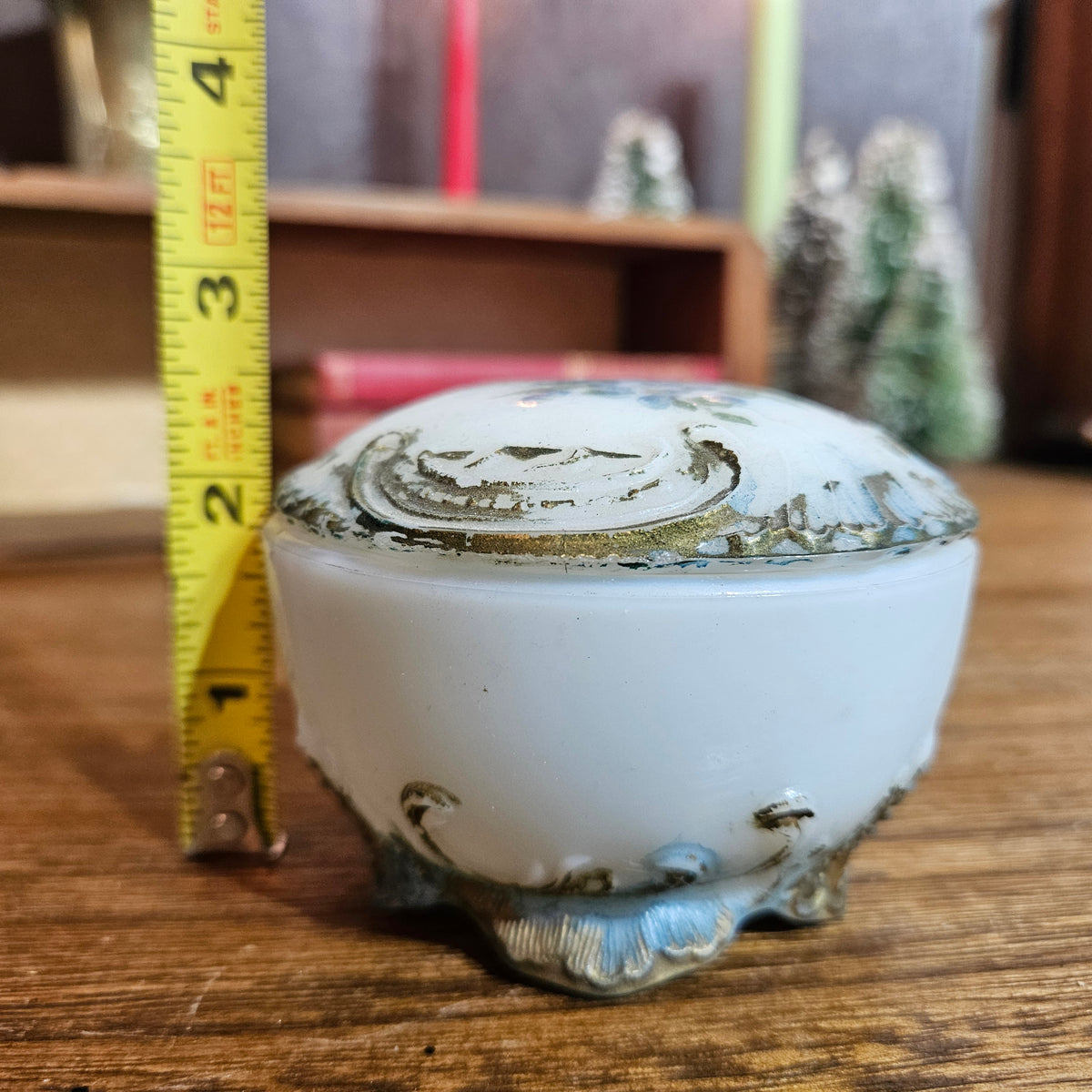 Milk Glass Floral Trinket Powder Box with Lid