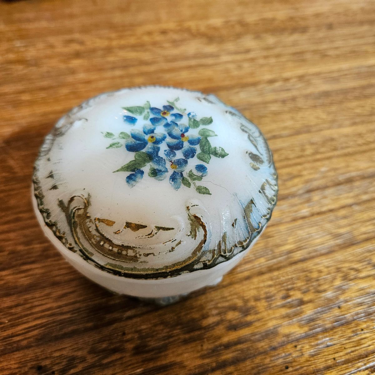Milk Glass Floral Trinket Powder Box with Lid