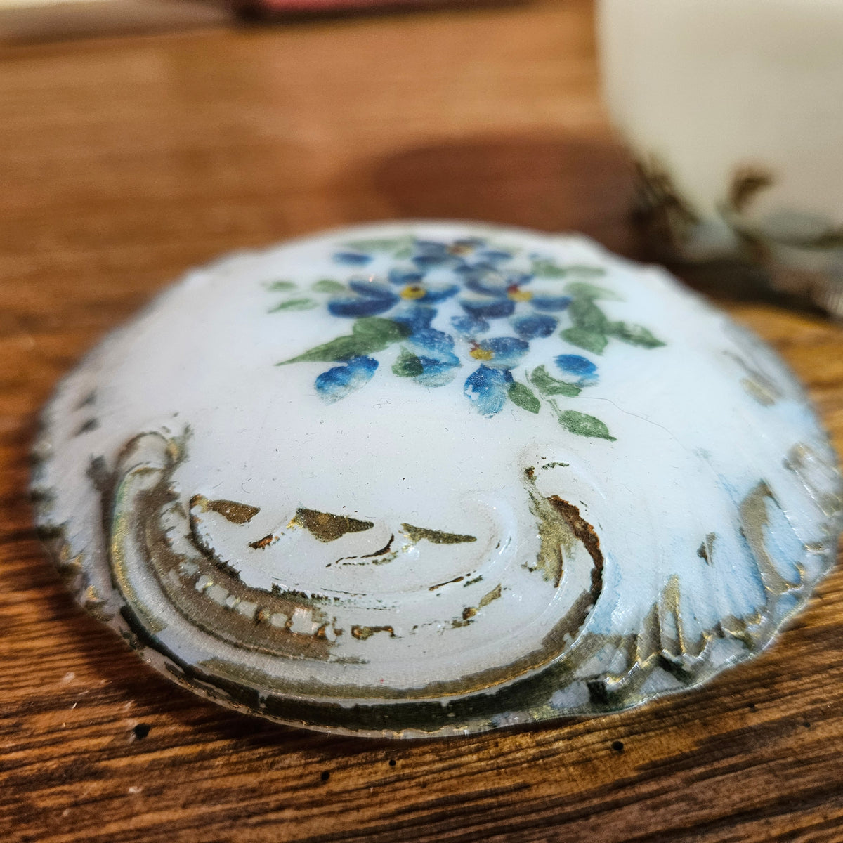 Milk Glass Floral Trinket Powder Box with Lid