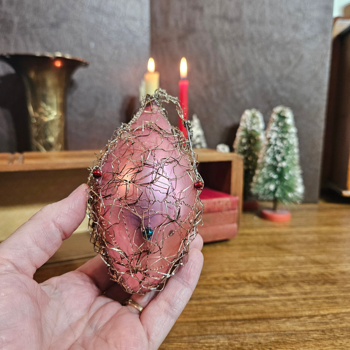 Vintage Pink Glass Wire-Wrapped Beaded Christmas Ornament