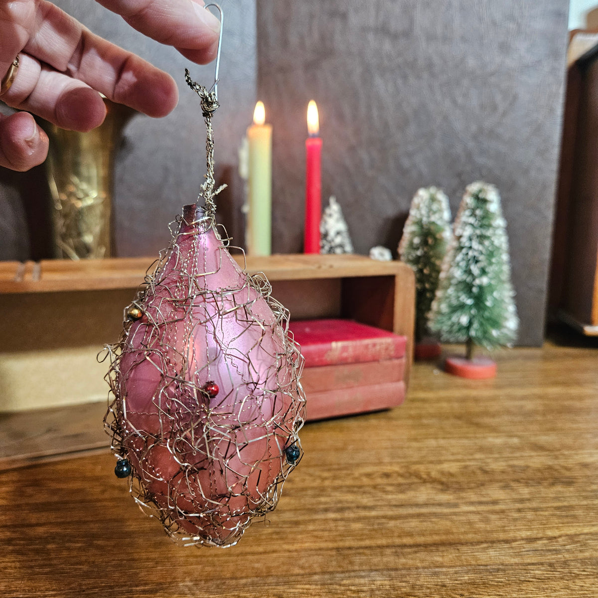 Vintage Pink Glass Wire-Wrapped Beaded Christmas Ornament