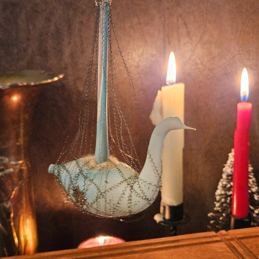 Early Vintage Glass Swan Ornament with Wire Tinsel