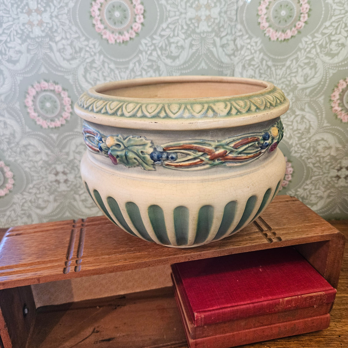 Art Pottery Jardiniere Planter Berry Vine Relief
