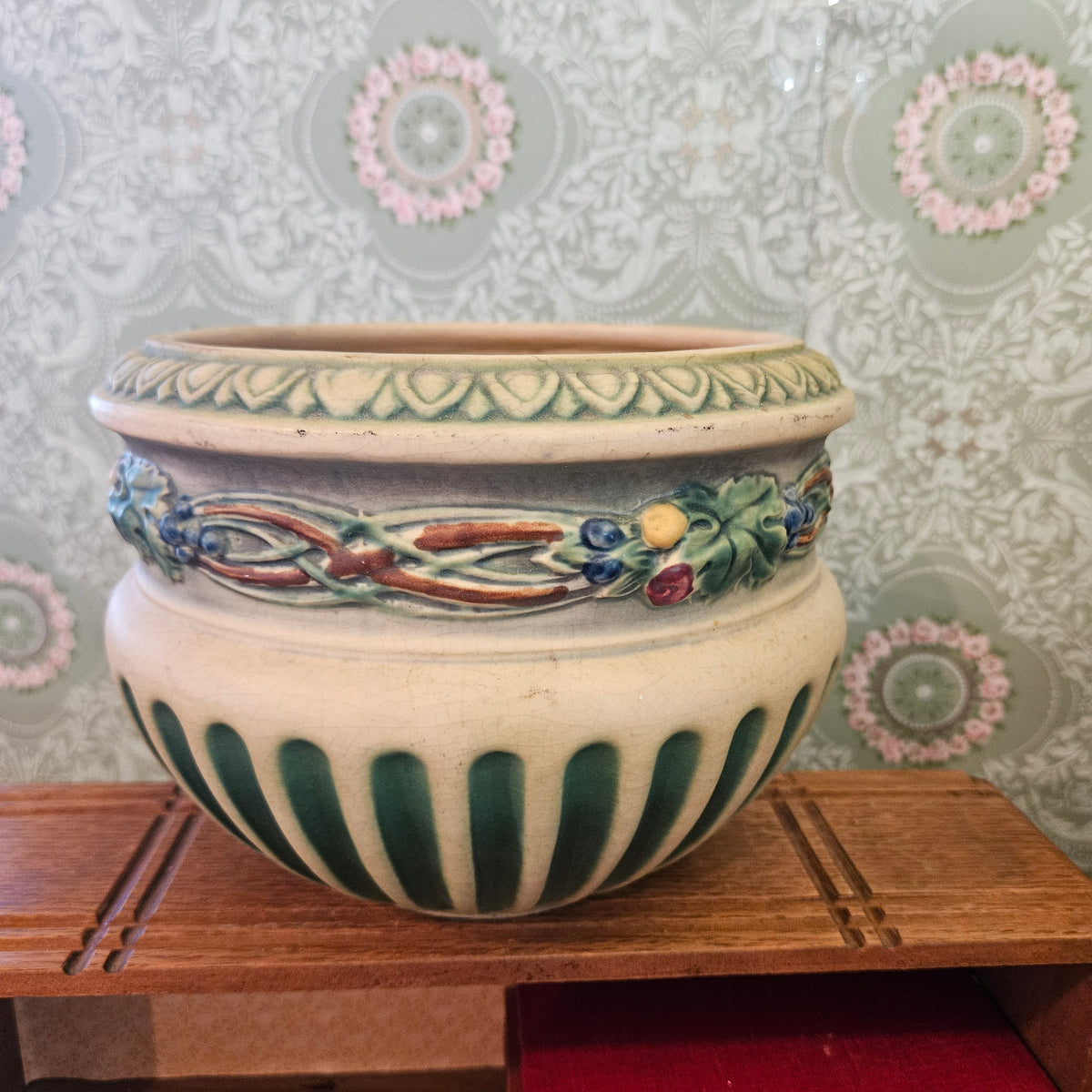 Art Pottery Jardiniere Planter Berry Vine Relief