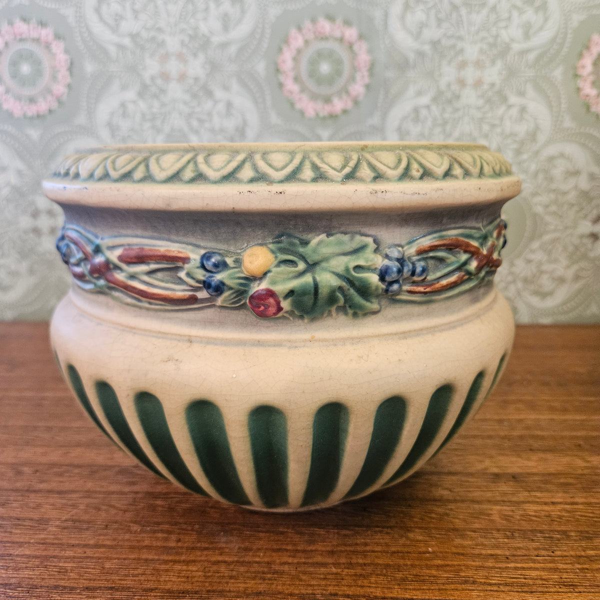 Art Pottery Jardiniere Planter Berry Vine Relief