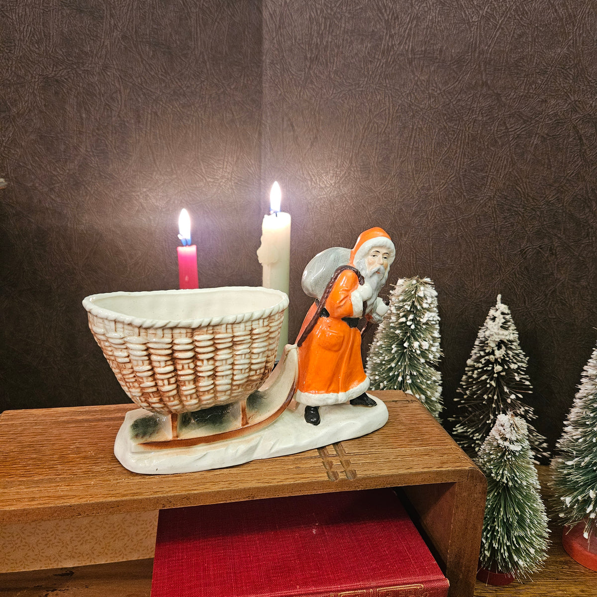 Vintage Ceramic Santa Sleigh Basket Planter