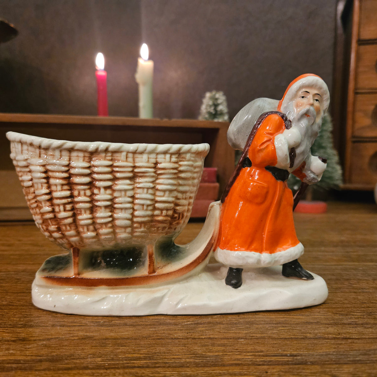 Vintage Ceramic Santa Sleigh Basket Planter