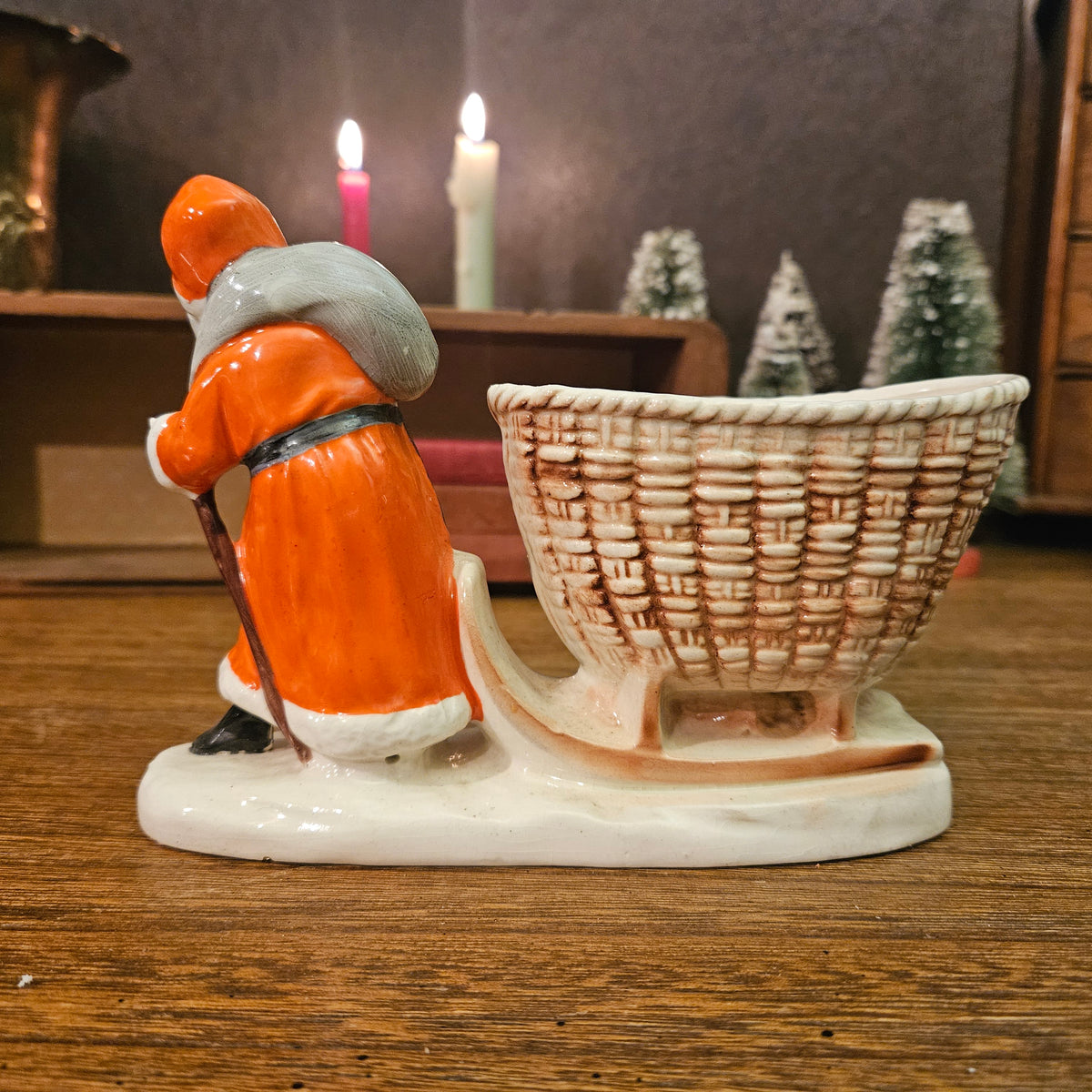 Vintage Ceramic Santa Sleigh Basket Planter