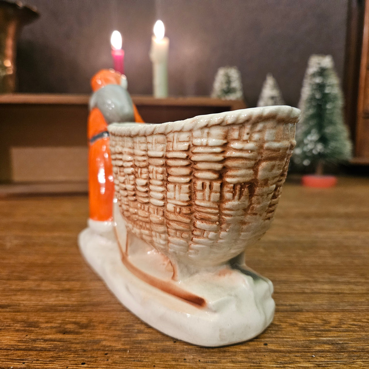 Vintage Ceramic Santa Sleigh Basket Planter