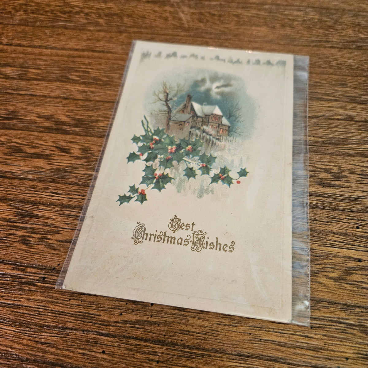 Antique Christmas Postcards with Holly & Winter Scenes, Set of 5