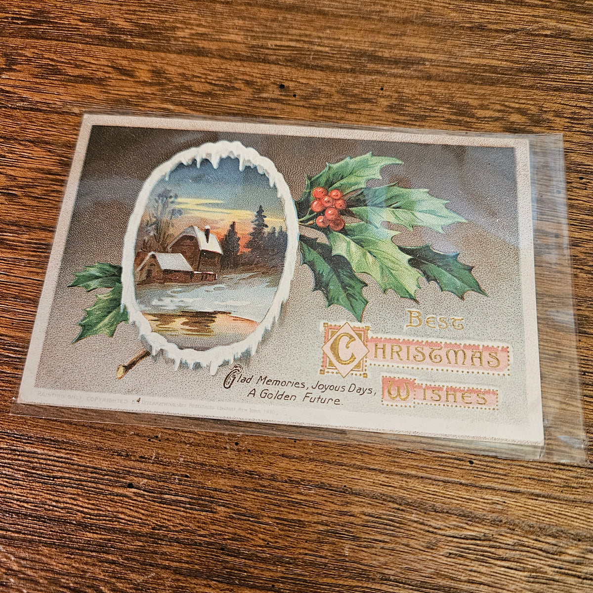 Antique Christmas Postcards with Holly & Winter Scenes, Set of 5