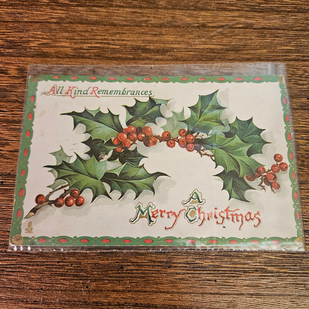 Antique Christmas Postcards with Holly & Winter Scenes, Set of 5