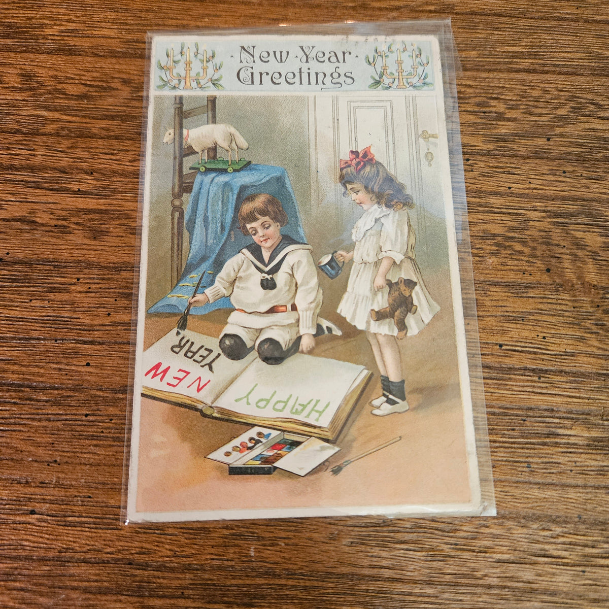 Antique Illustrated New Year Postcards, Children & Flowers, Set of 2
