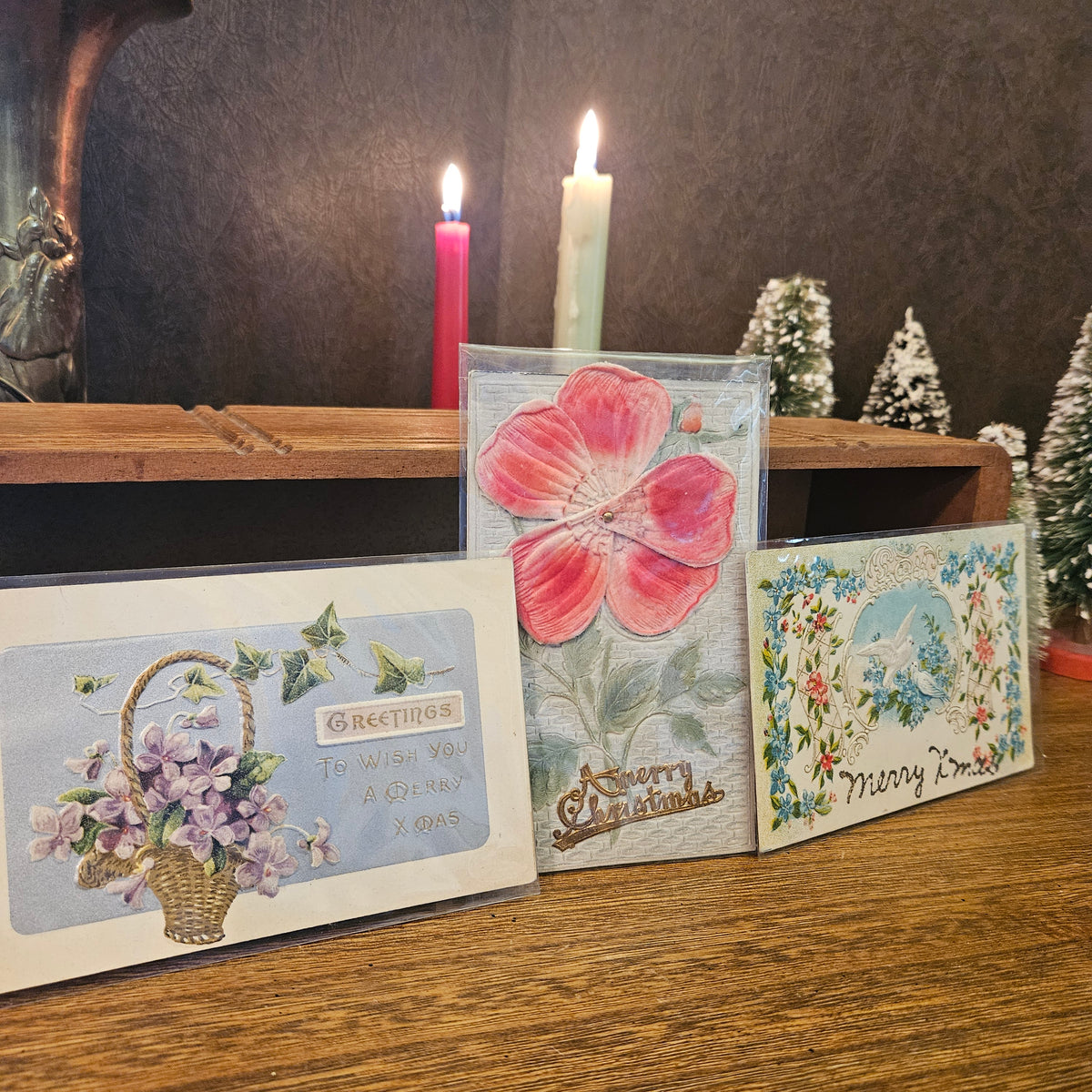 Antique Floral Christmas Postcards, Velvet Flower, Set of 3