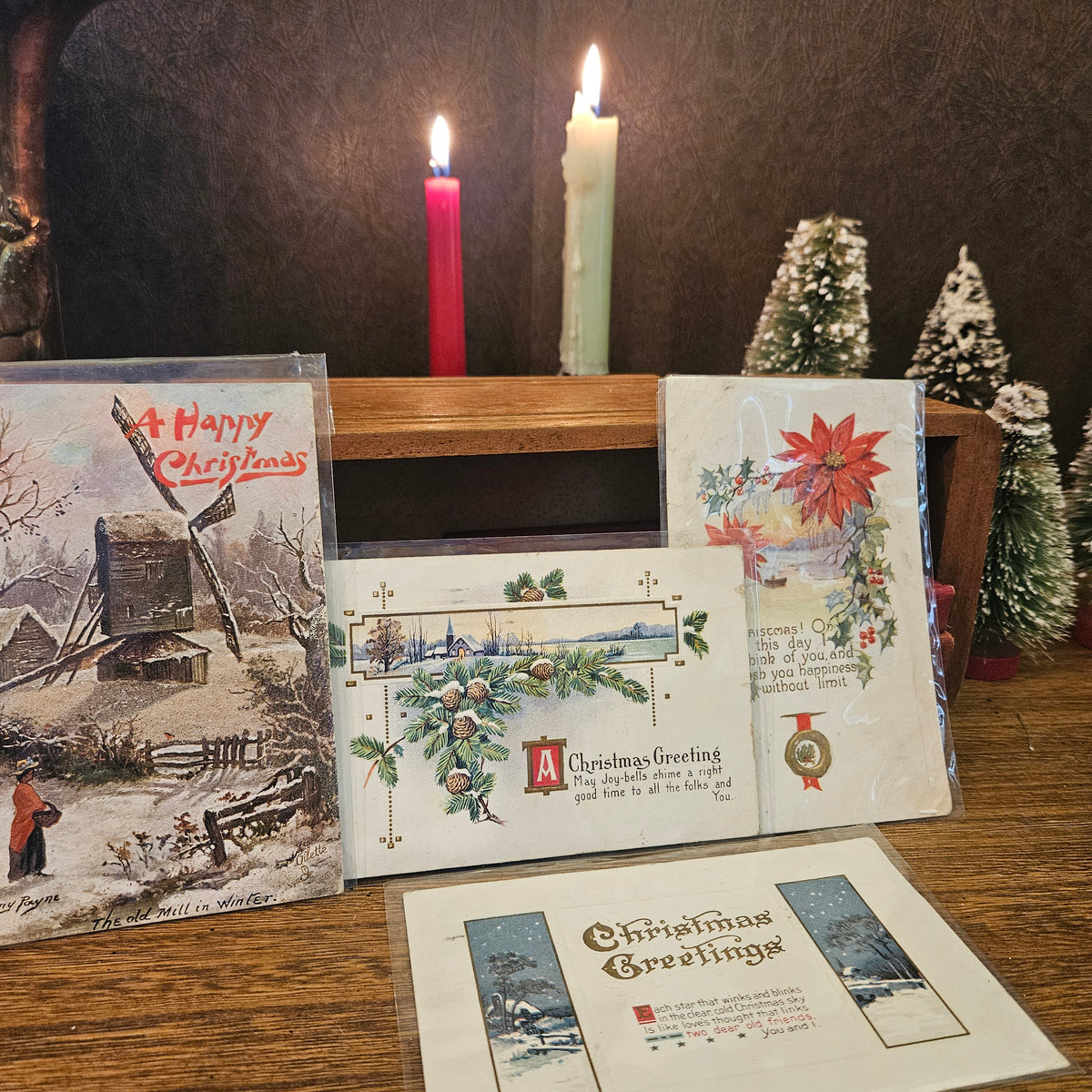 Antique Winter Christmas Postcards, Snowy Scenes, Set of 4