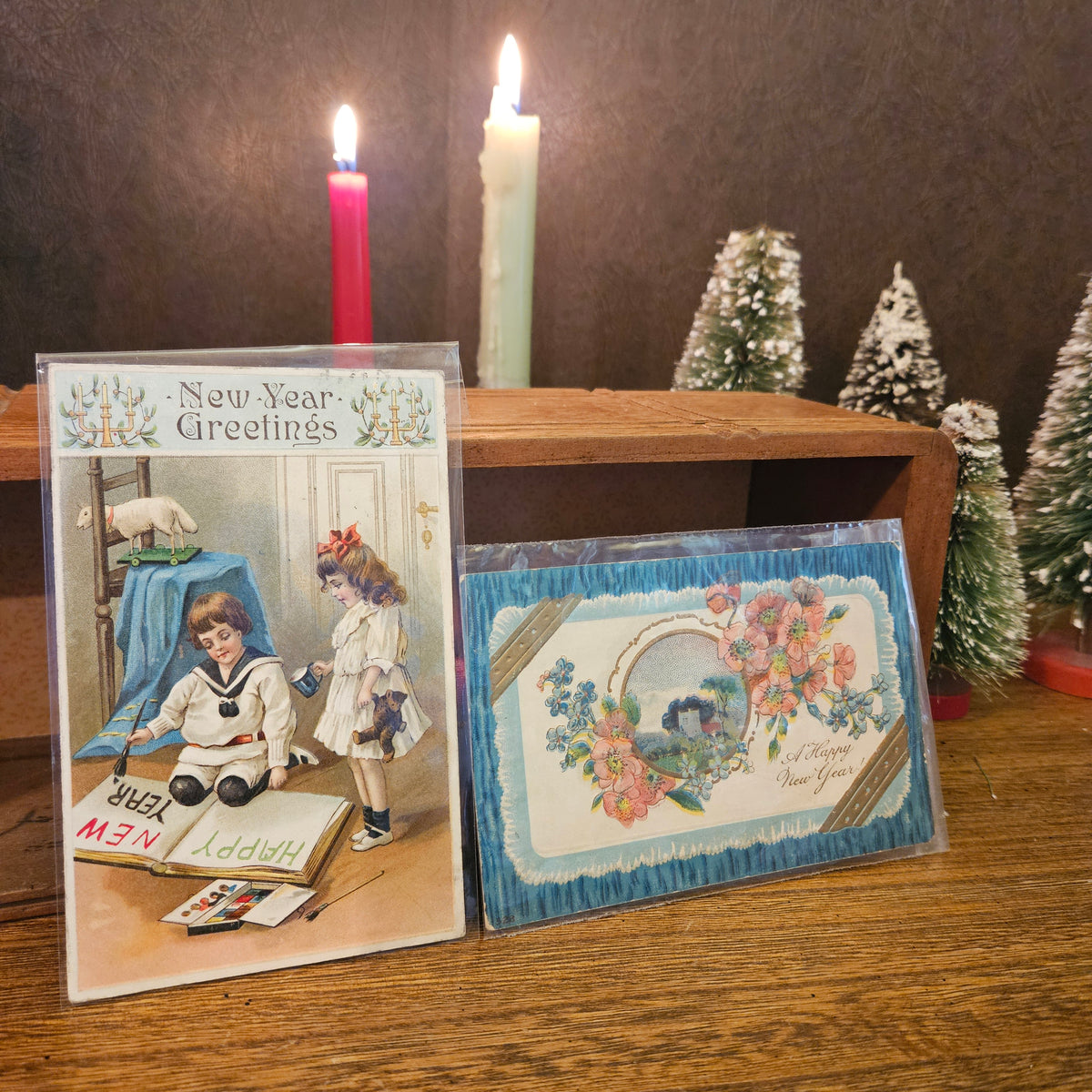 Antique Illustrated New Year Postcards, Children & Flowers, Set of 2