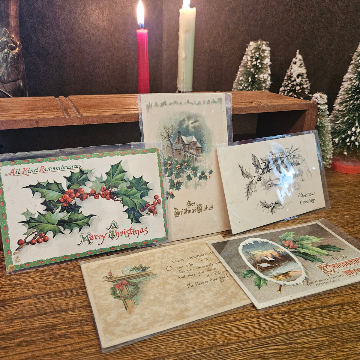 Antique Christmas Postcards with Holly & Winter Scenes, Set of 5