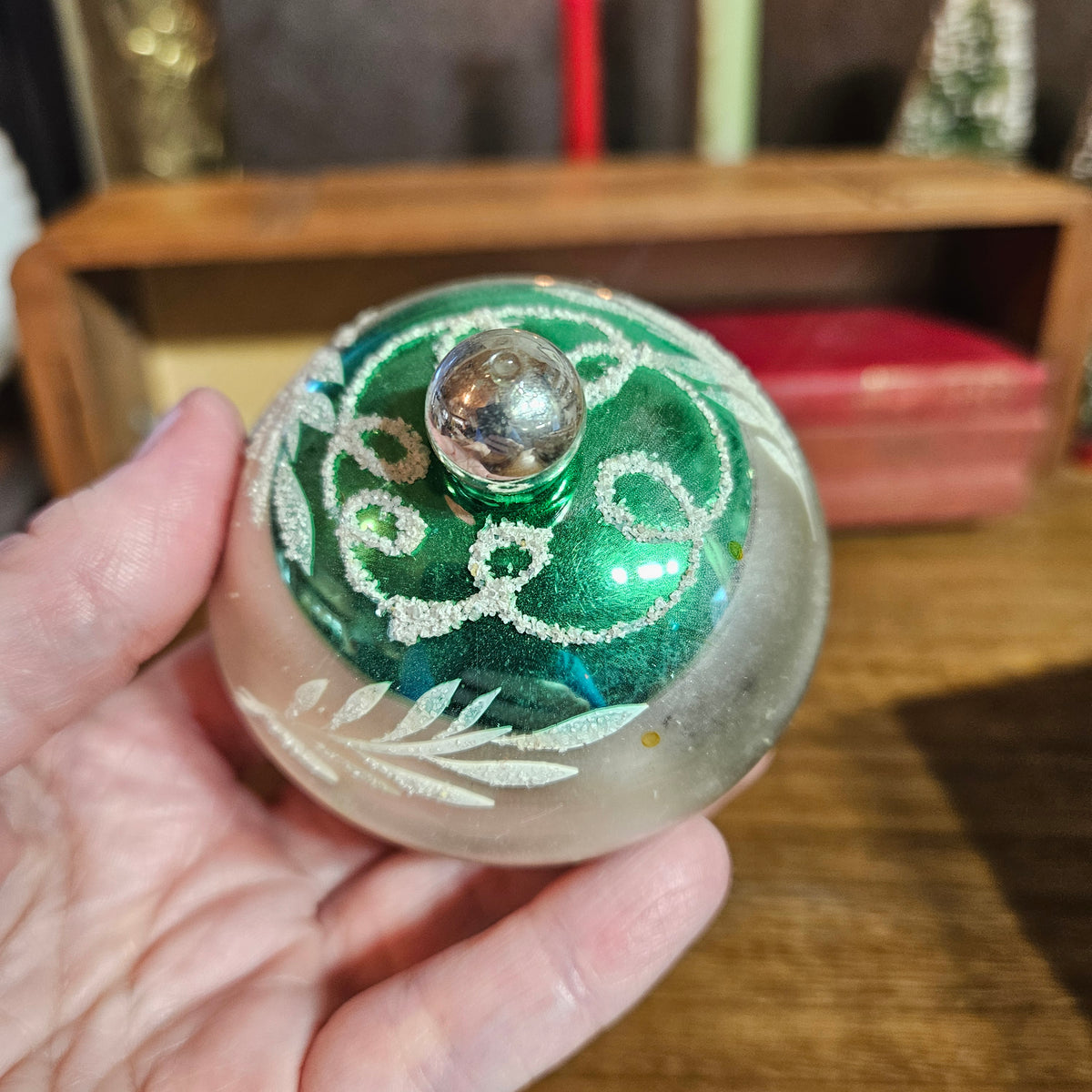 Set of 4 Vintage Glass Christmas Ornaments – Pinecone, Stripes & Glitter