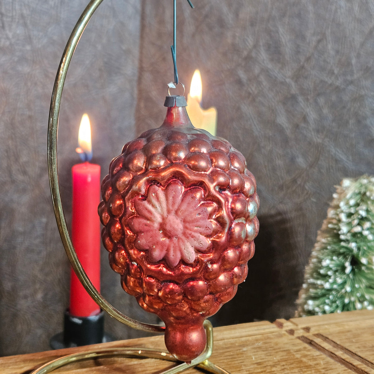 Set of 4 Vintage Glass Christmas Ornaments – Pinecone, Stripes & Glitter