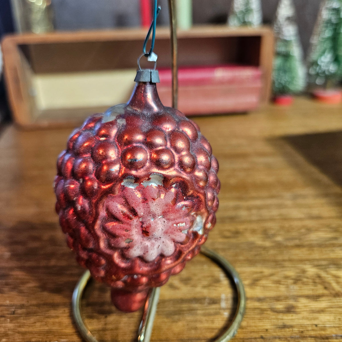 Set of 4 Vintage Glass Christmas Ornaments – Pinecone, Stripes & Glitter