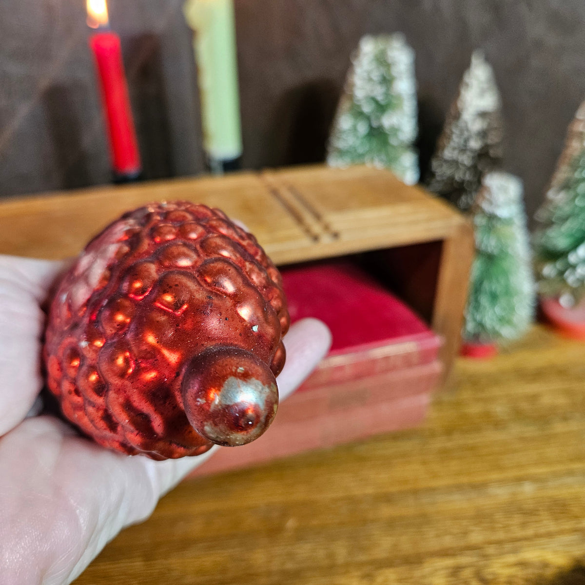 Set of 4 Vintage Glass Christmas Ornaments – Pinecone, Stripes & Glitter