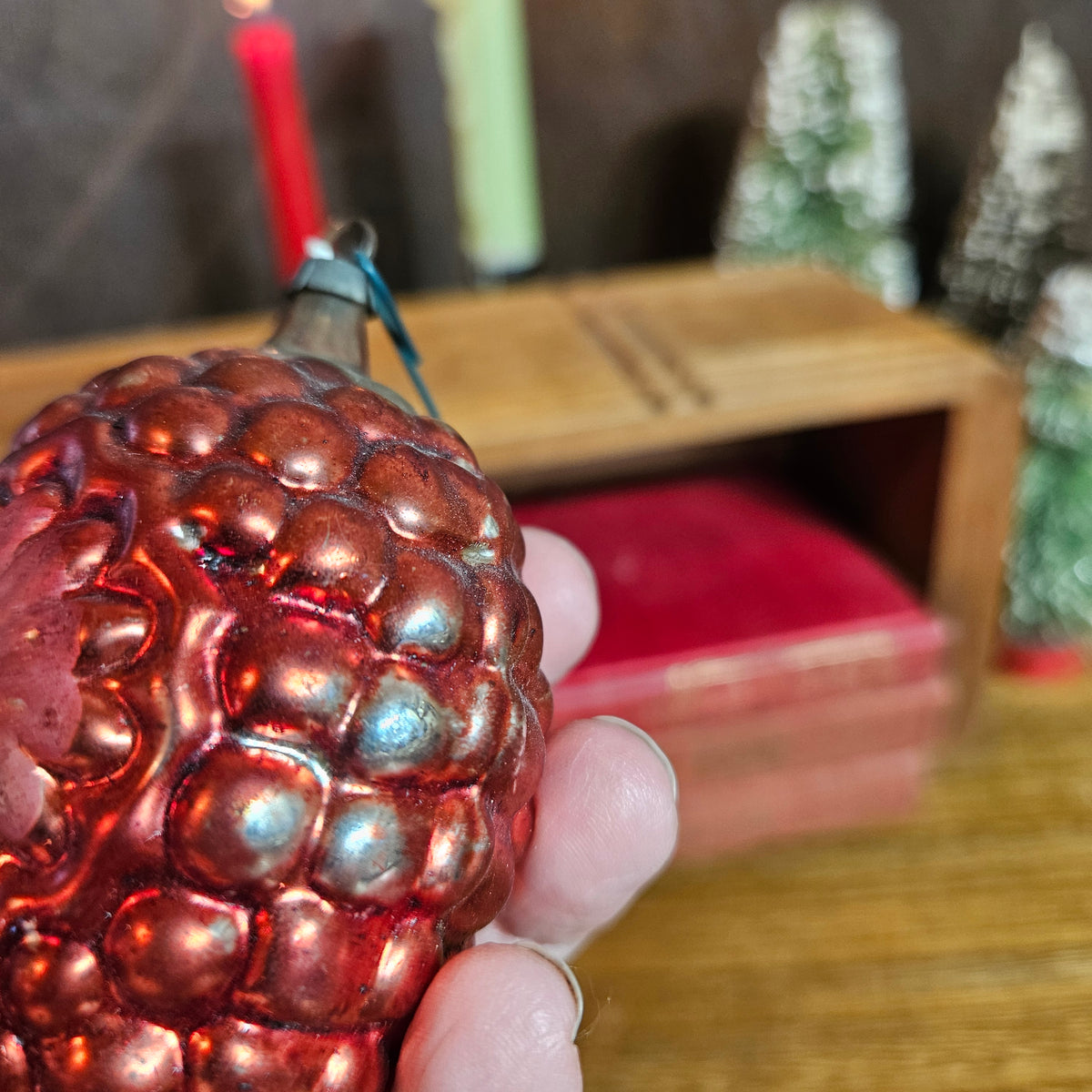 Set of 4 Vintage Glass Christmas Ornaments – Pinecone, Stripes & Glitter