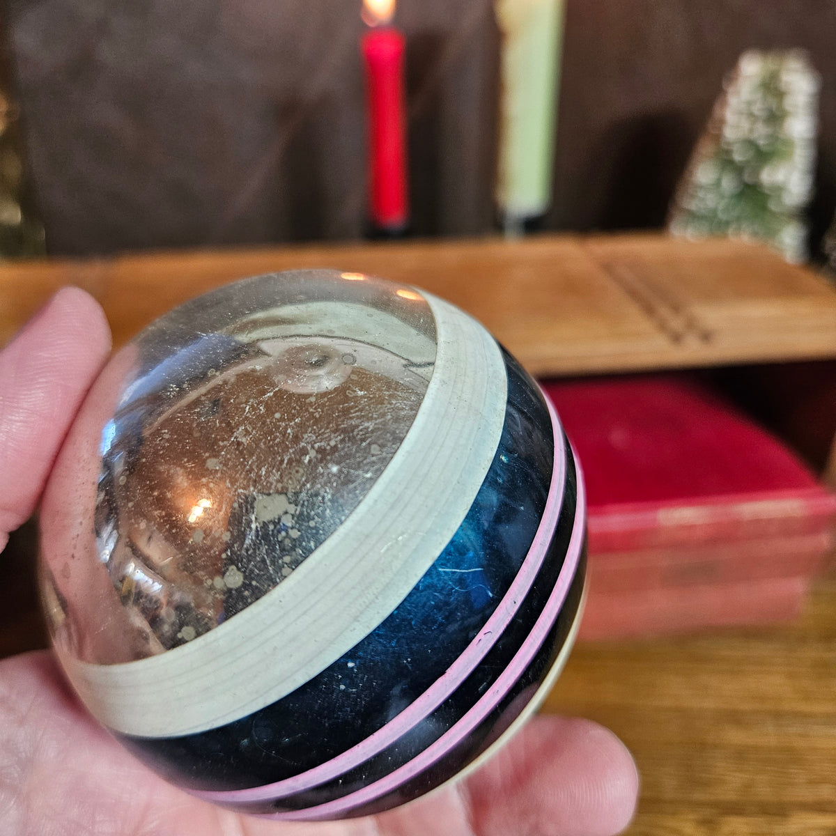 Set of 4 Vintage Glass Christmas Ornaments – Pinecone, Stripes & Glitter