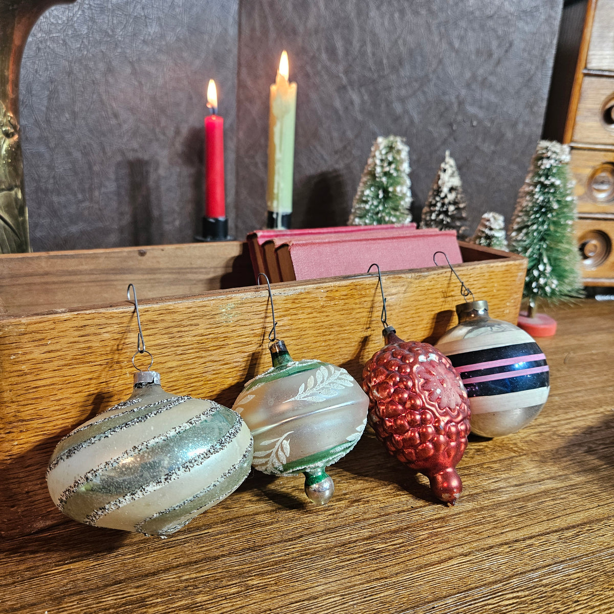 Set of 4 Vintage Glass Christmas Ornaments – Pinecone, Stripes & Glitter