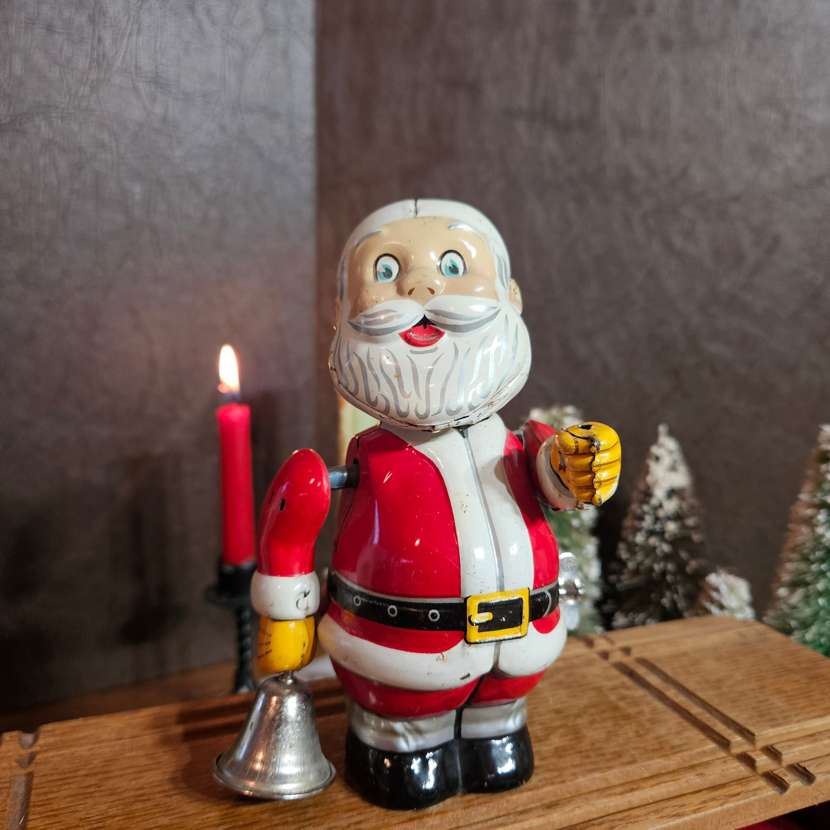 Vintage Japanese Tin Litho Mechanical Santa with Bell – Made in Japan
