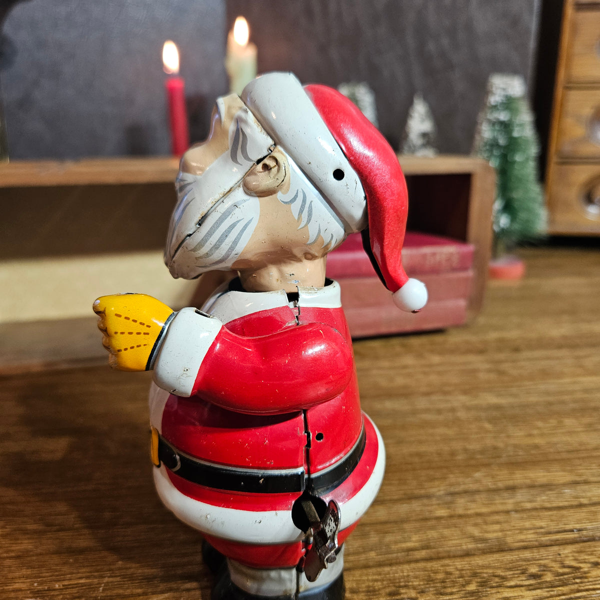 Vintage Japanese Tin Litho Mechanical Santa with Bell – Made in Japan
