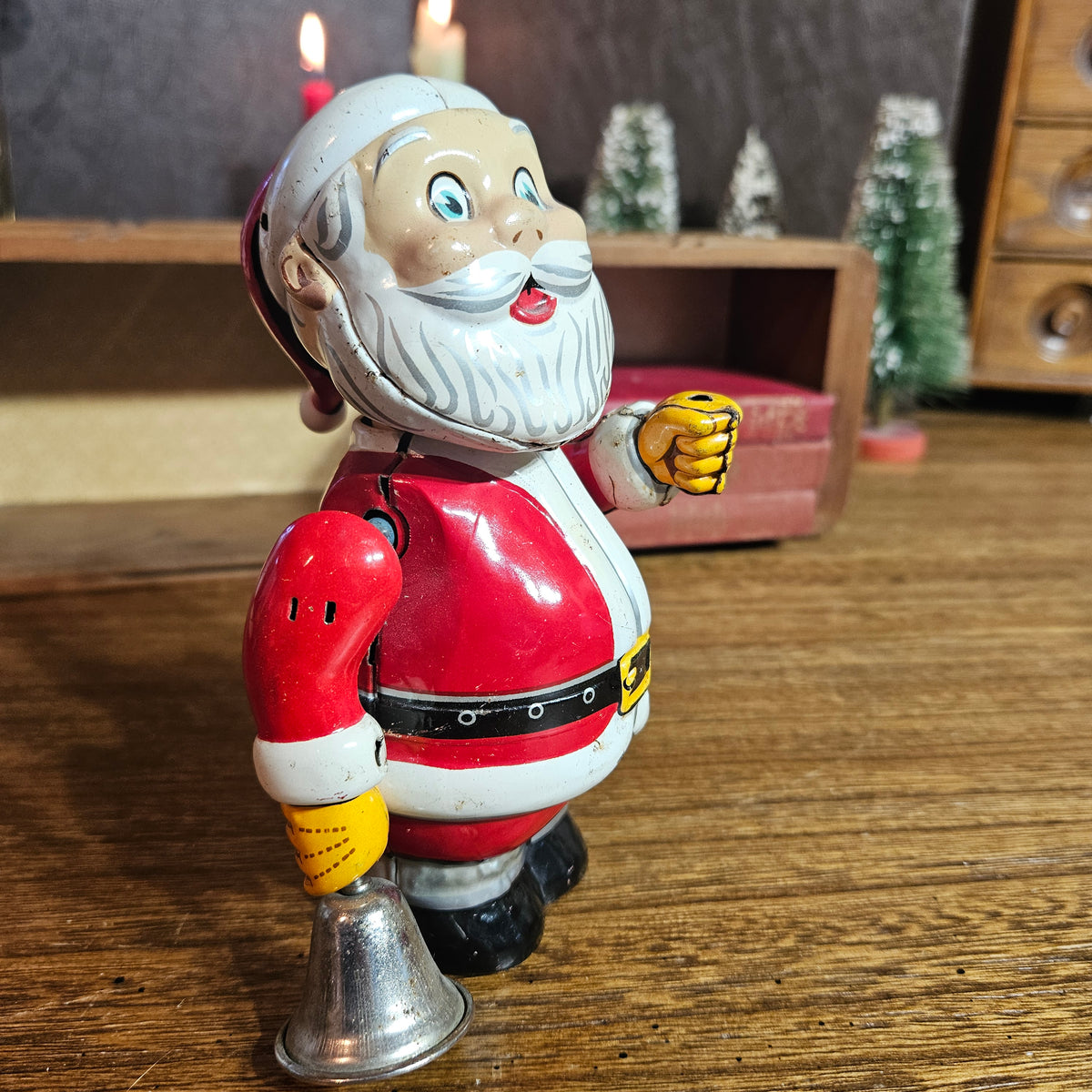 Vintage Japanese Tin Litho Mechanical Santa with Bell – Made in Japan