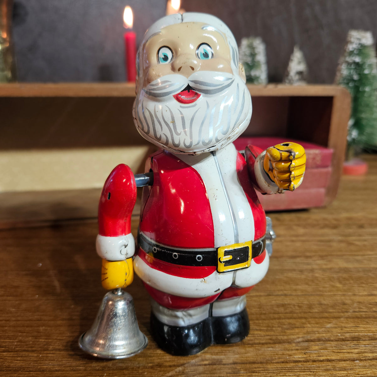 Vintage Japanese Tin Litho Mechanical Santa with Bell – Made in Japan