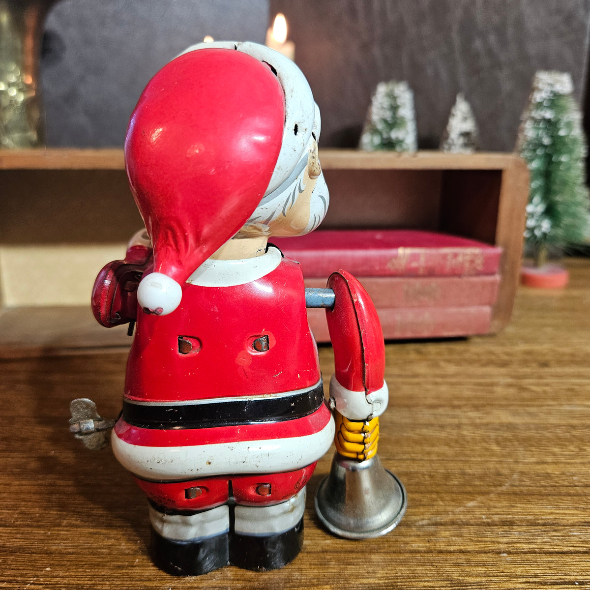 Vintage Japanese Tin Litho Mechanical Santa with Bell – Made in Japan