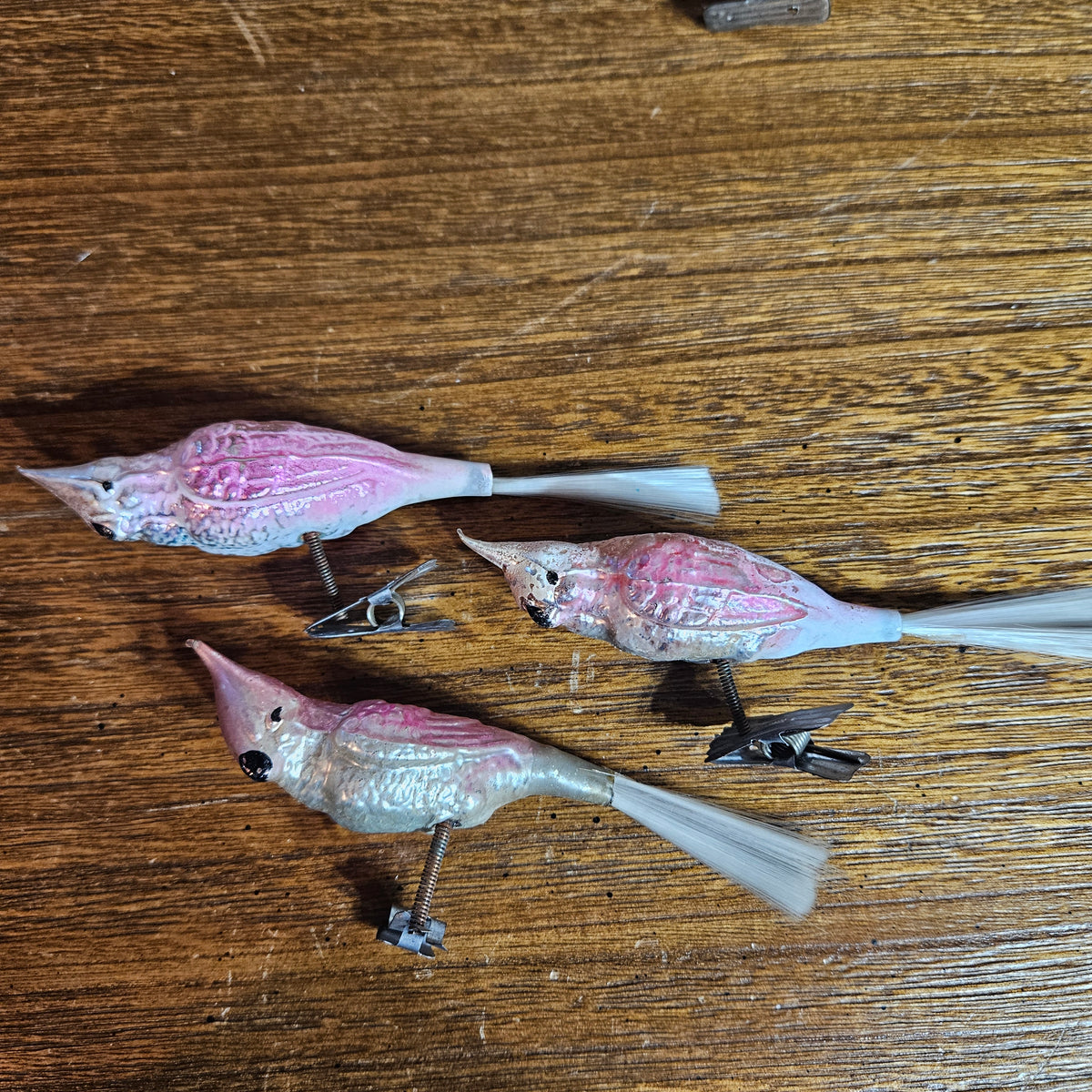 Set of 3 Vintage Pink Glass Bird Clip-On Christmas Ornaments