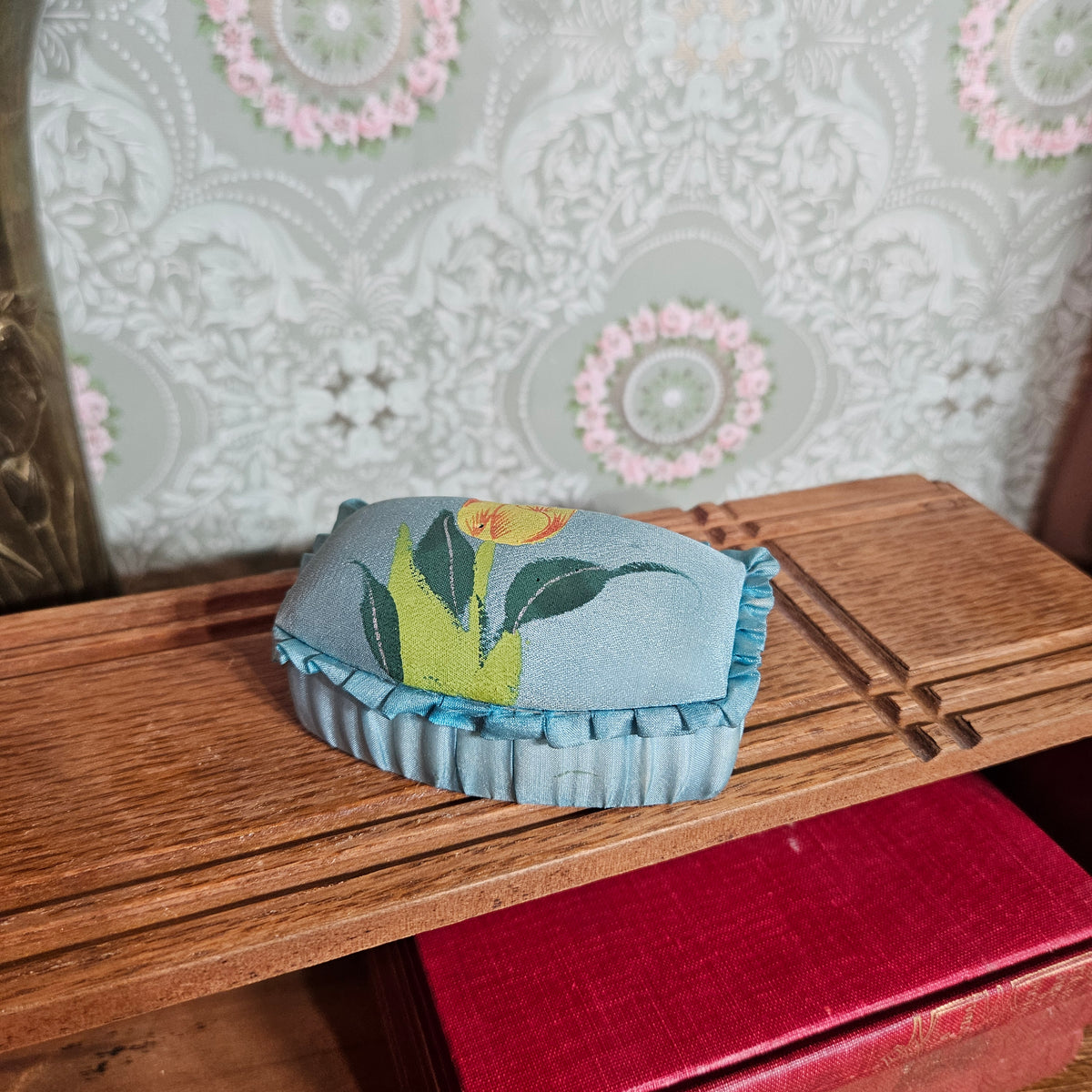 Vintage Blue Satin Trinket Box with Yellow Tulip – Small Keepsake Box