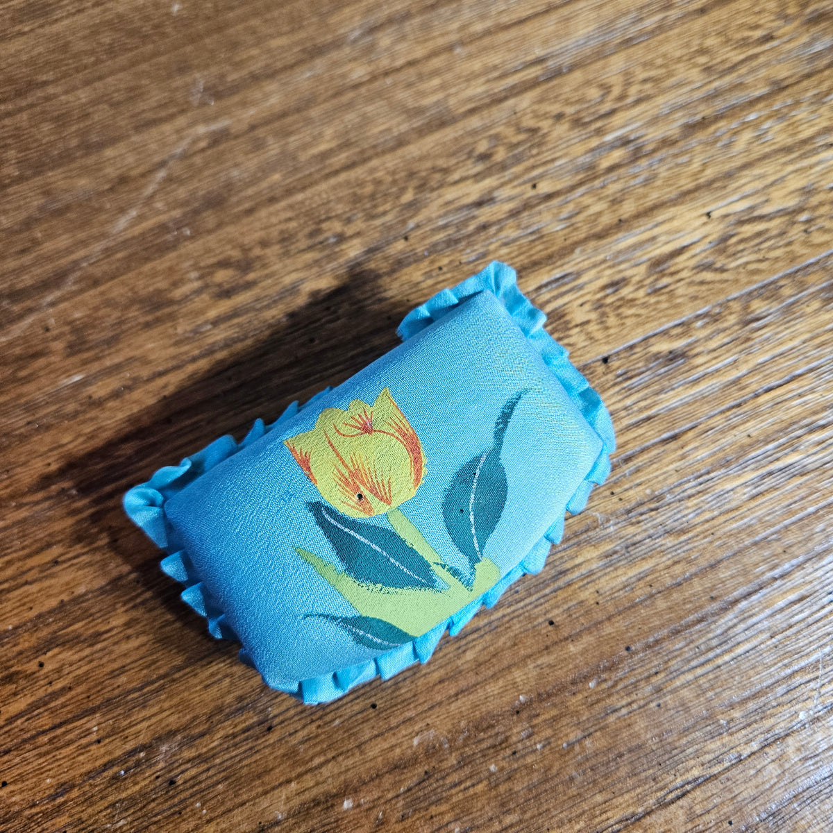 Vintage Blue Satin Trinket Box with Yellow Tulip – Small Keepsake Box