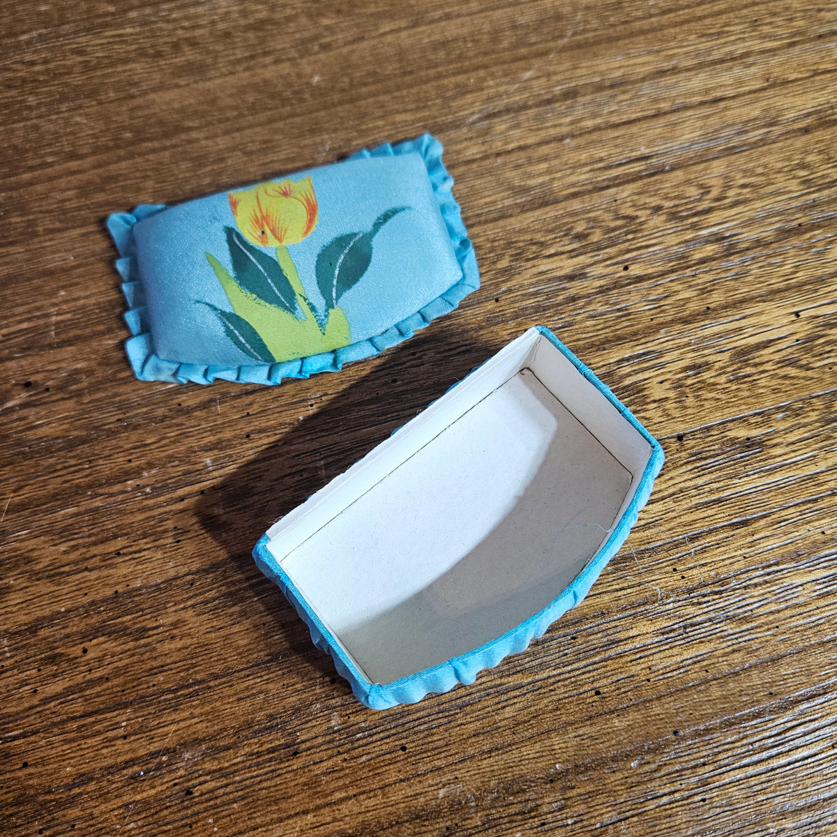 Vintage Blue Satin Trinket Box with Yellow Tulip – Small Keepsake Box