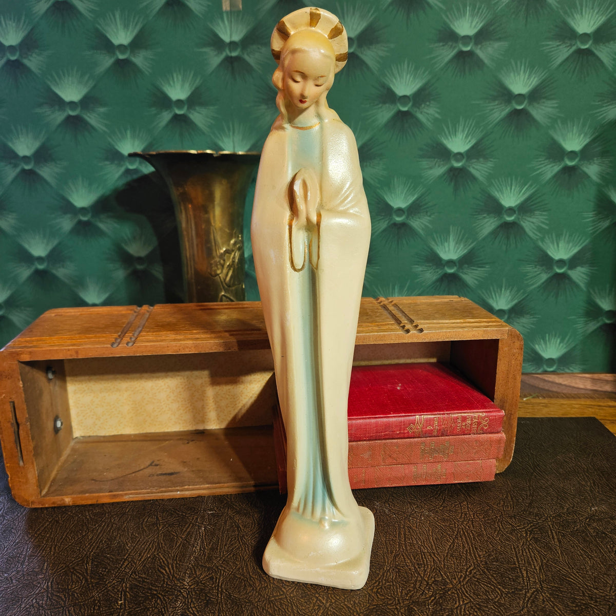 Vintage Virgin Mary Madonna Statue in Ivory and Pale Blue
