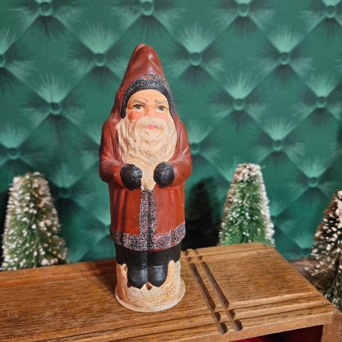 Vintage Folk Art Santa Figure in Hooded Red Coat