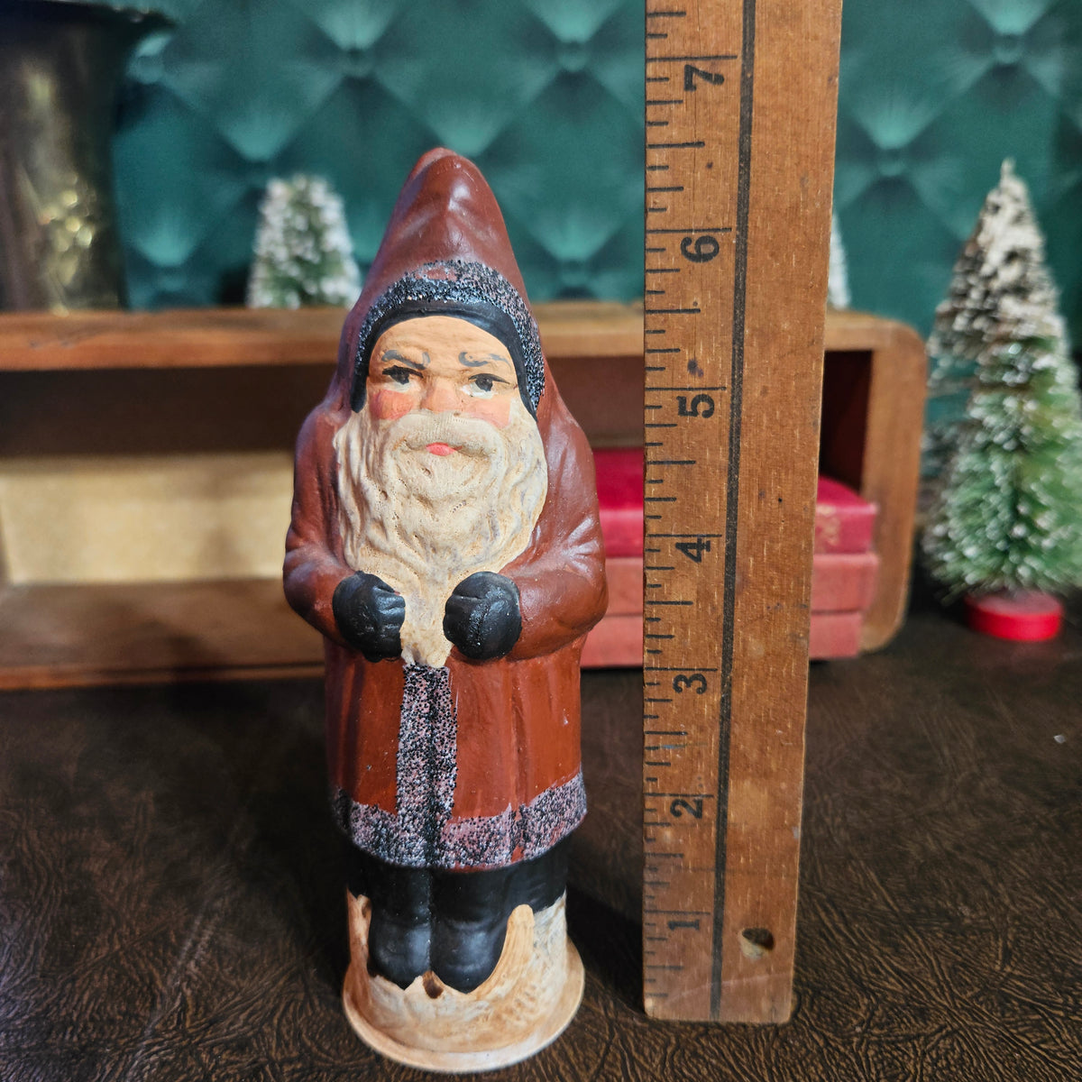 Vintage Folk Art Santa Figure in Hooded Red Coat