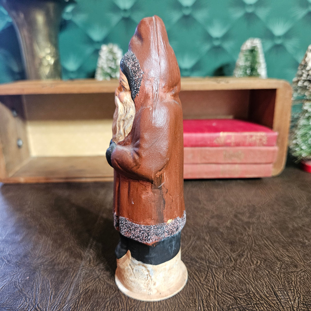 Vintage Folk Art Santa Figure in Hooded Red Coat