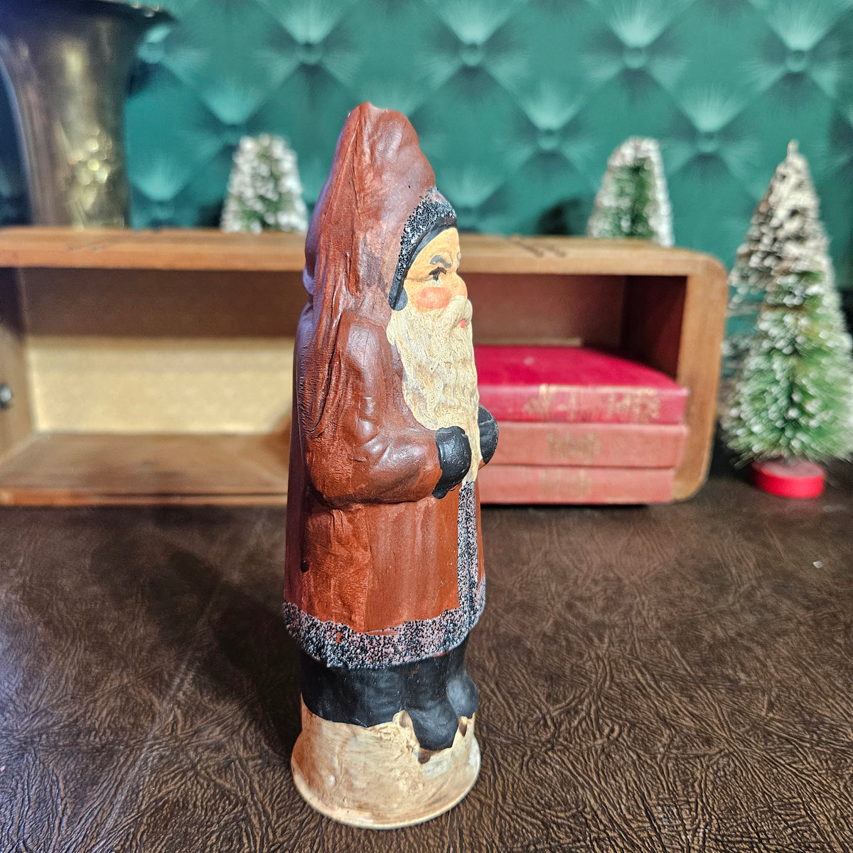 Vintage Folk Art Santa Figure in Hooded Red Coat