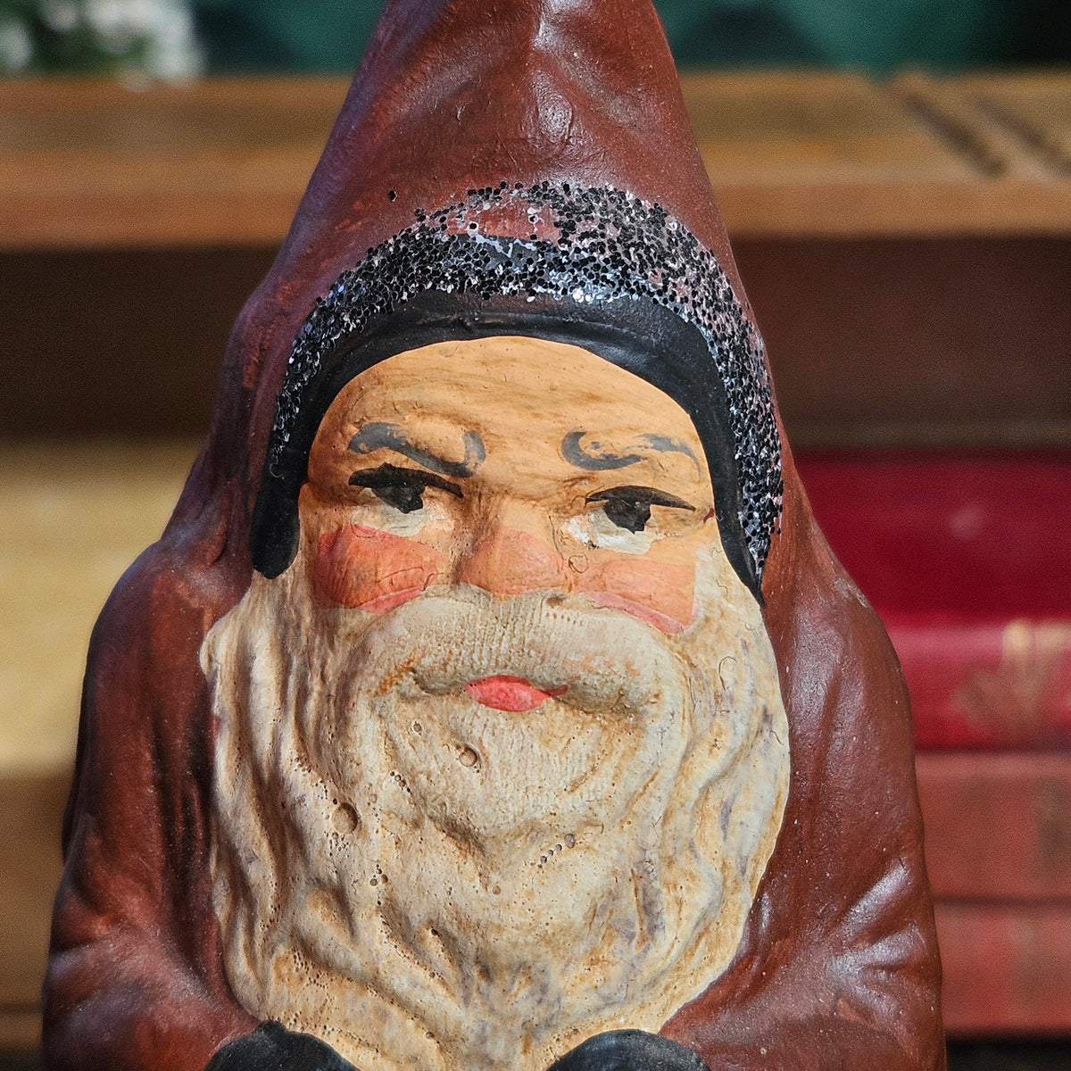 Vintage Folk Art Santa Figure in Hooded Red Coat